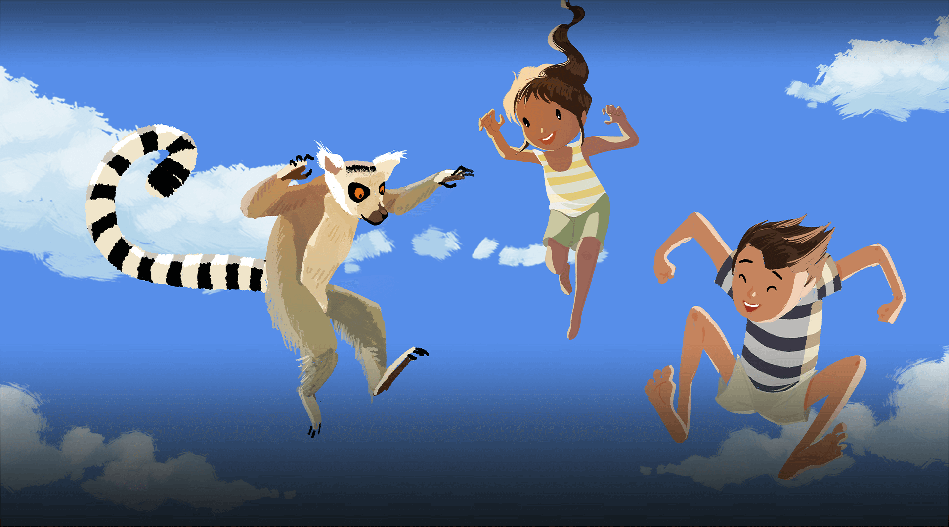 Cartoon kids and lemur jumping. 