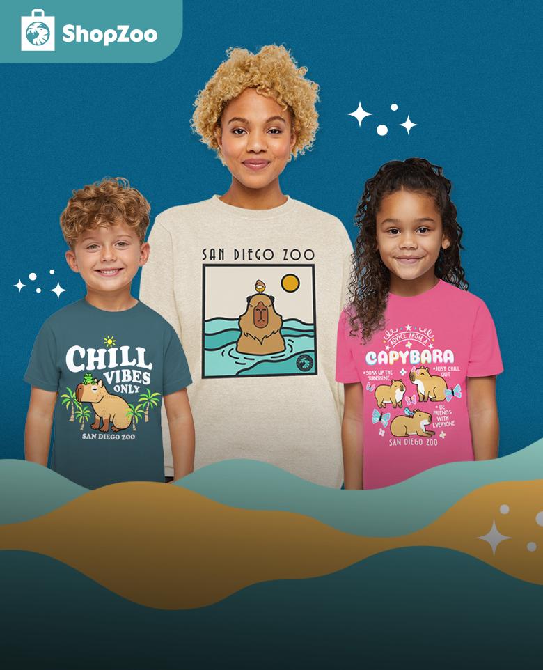 ShopZoo Logo, 3 People wearing capybara graphic clothing