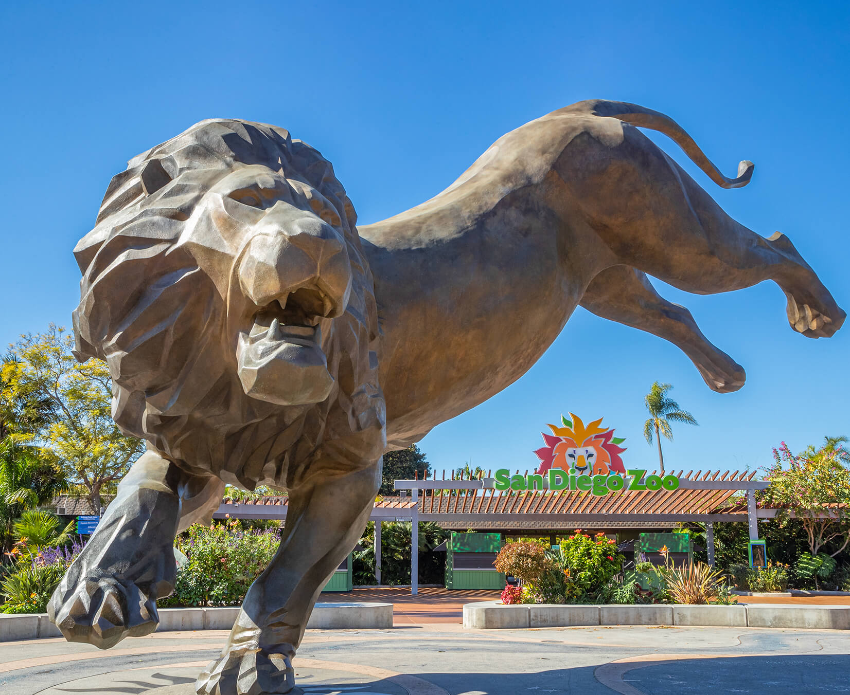 Rex the lion sculpture at the San Diego Zoo entrance.