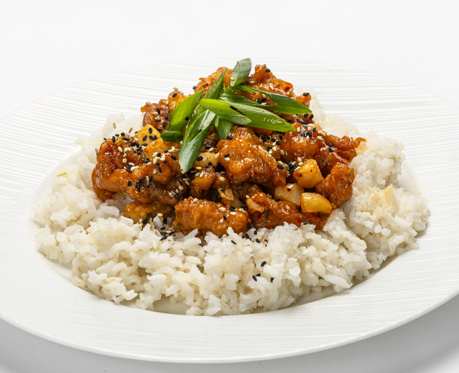 Orange chicken on rice