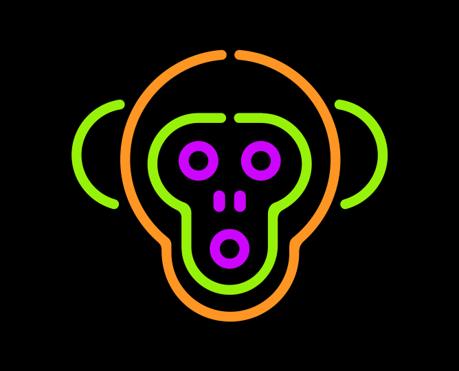 illustrated icon of a monkey face made out of neon lines