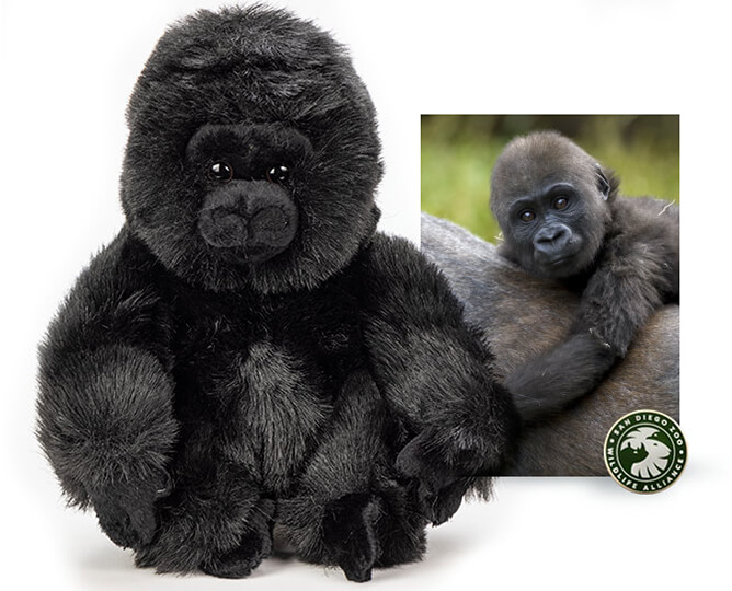 adoption package of plush gorilla, postcard, and SDZWA pin