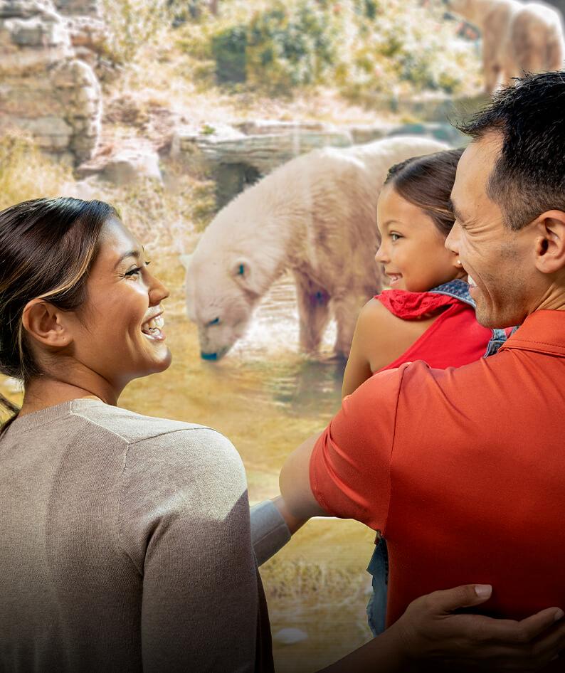 Family looks at each other with polar bear in background